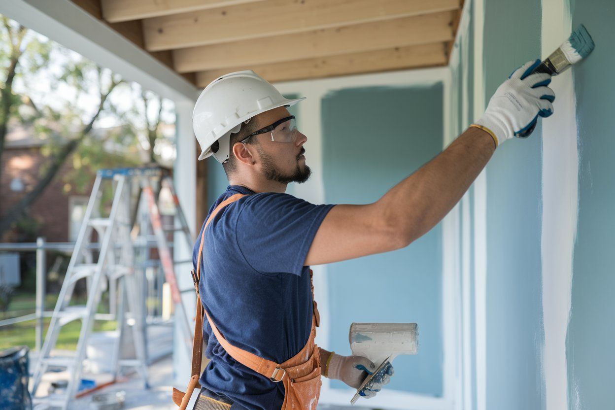 A man is plastering a wall with a spatula.