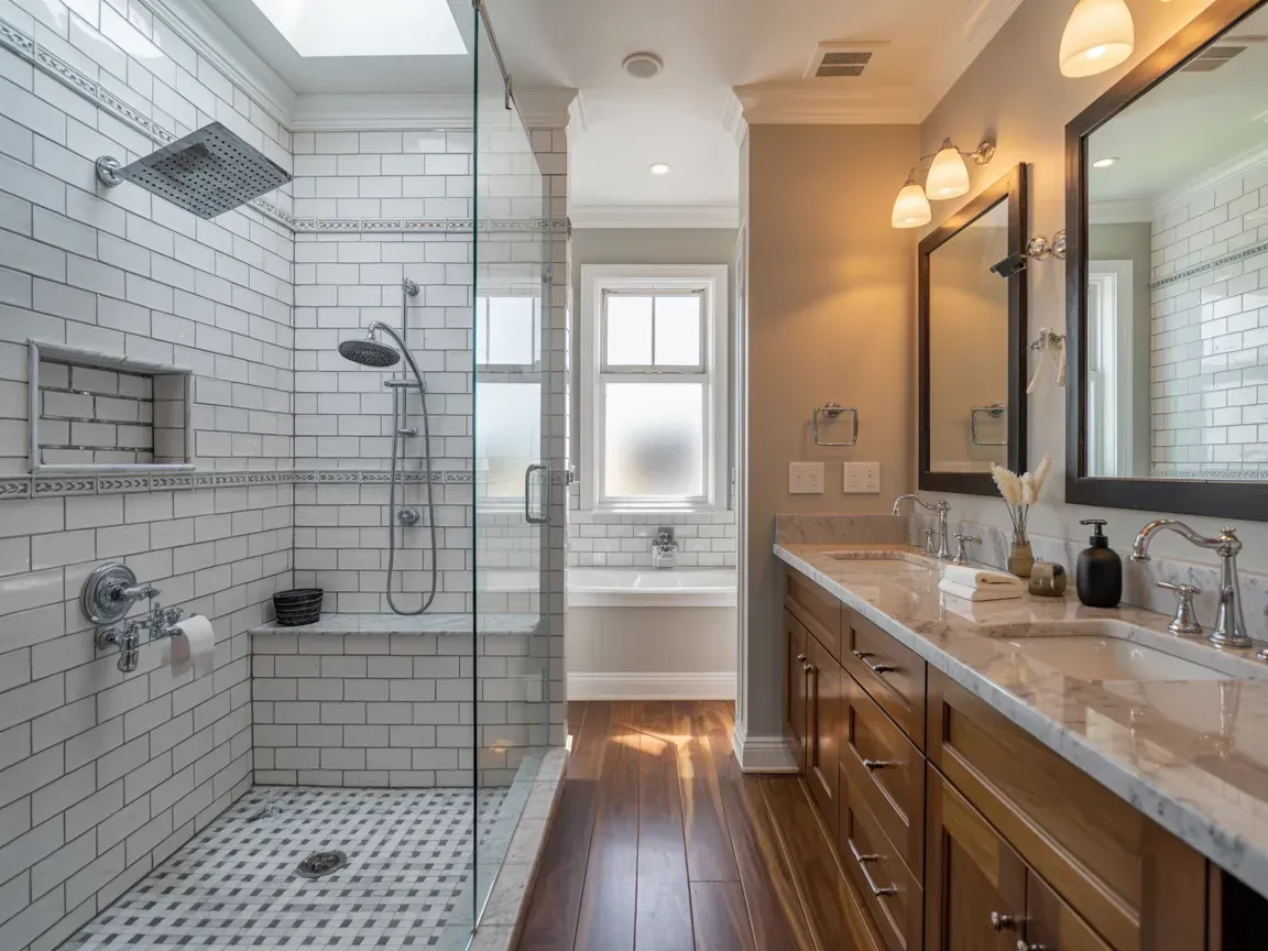 Bathroom with a tiled shower, a double vanity with mirrors, and a window.