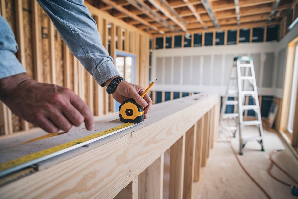 A man is measuring a piece of wood with a tape measure.