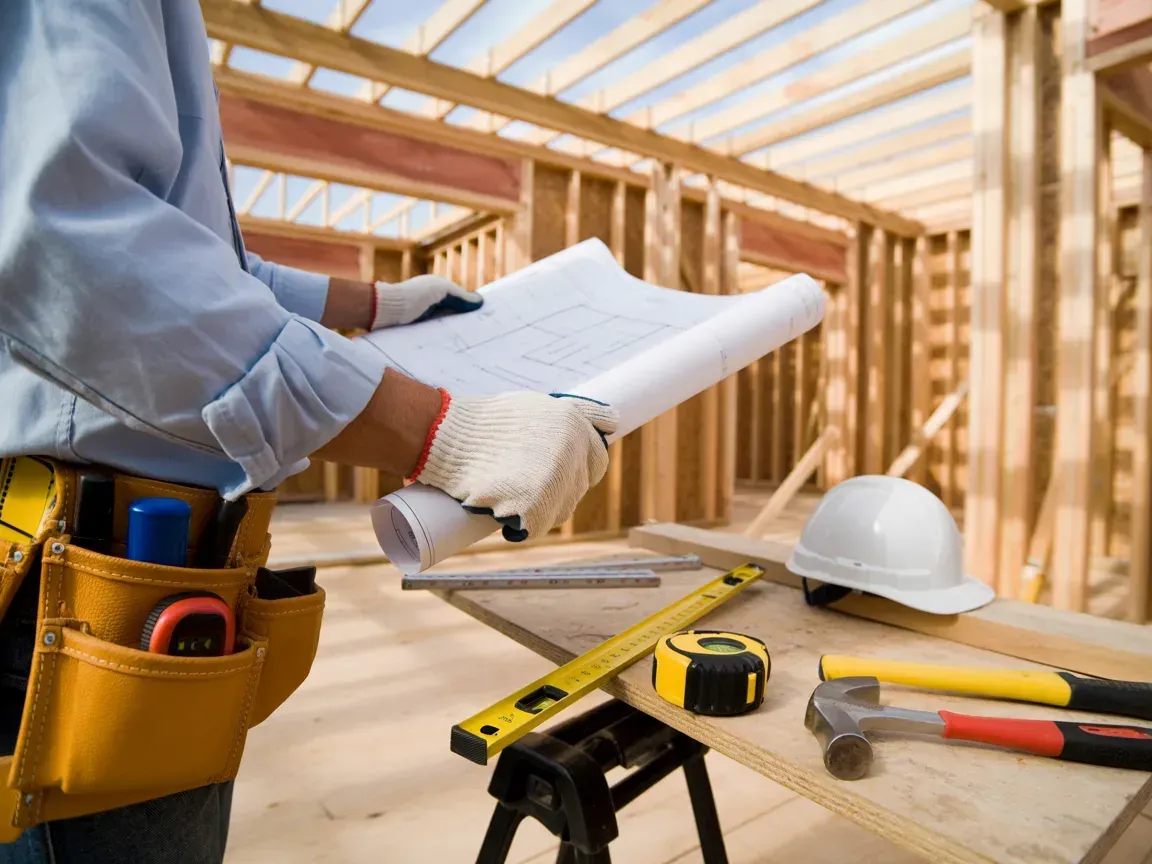 Construction worker holding blueprints, examining a partially built wooden structure.