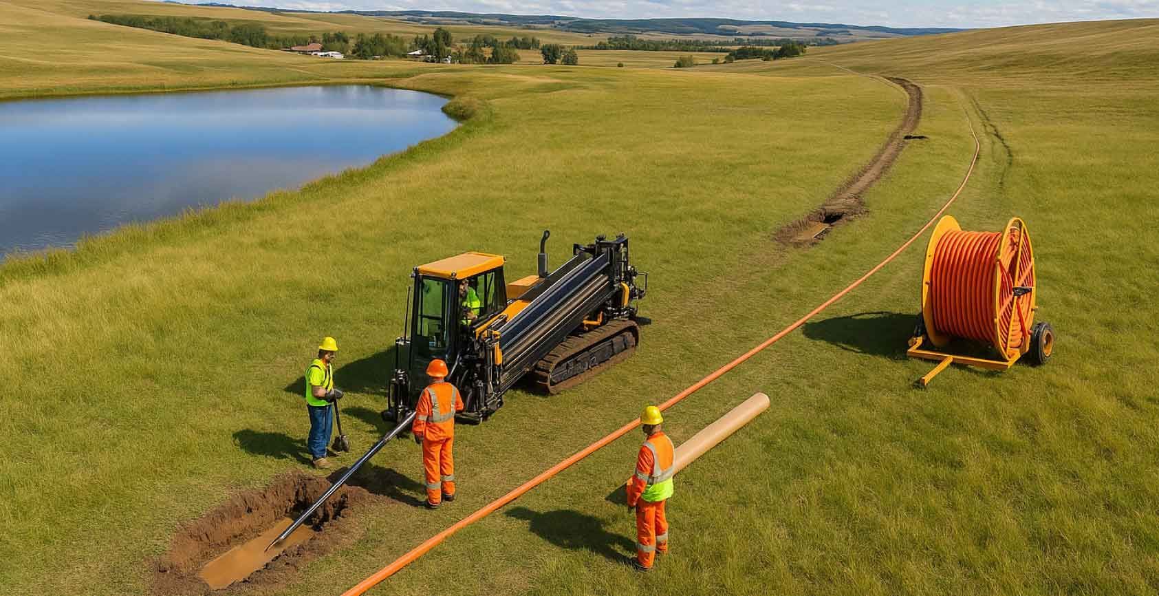 An aerial view of a group of construction workers digging a hole in a field.