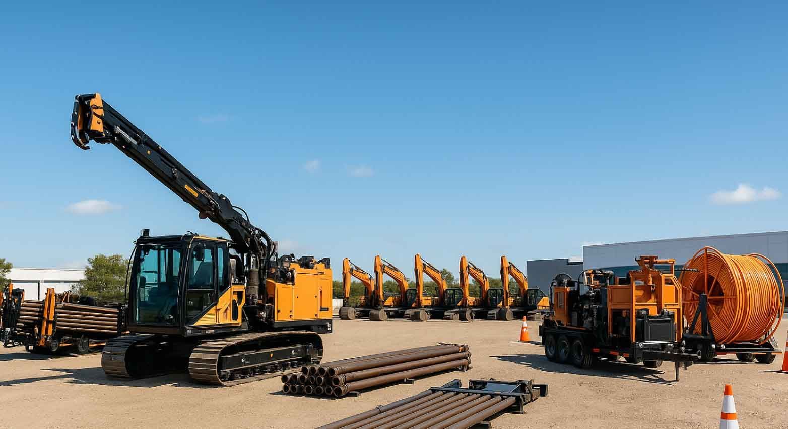 A row of construction vehicles are parked in a dirt lot.