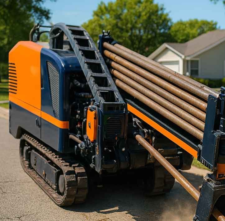 A blue and orange machine is sitting on the side of the road.