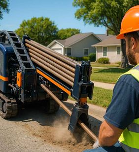 A man wearing a hard hat is sitting in front of a machine.
