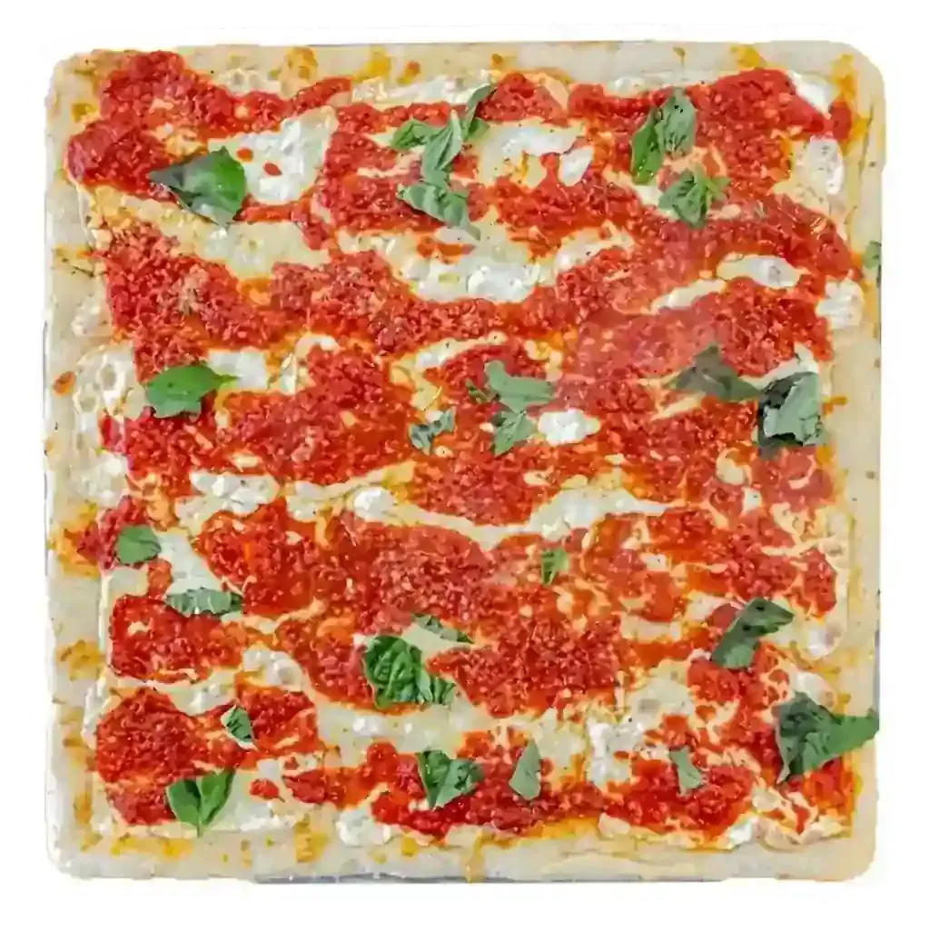 A square, thin-crust pizza topped with red tomato sauce, melted mozzarella cheese