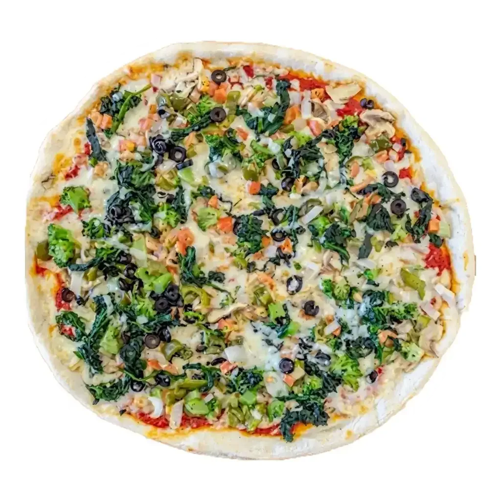 A veggie pizza topped with broccoli, kale, black olives, onions, and red sauce on a thin crust.