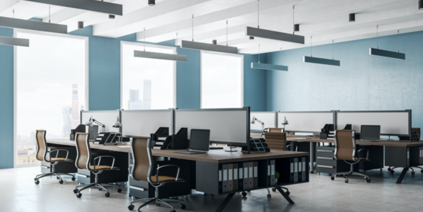 interior commercial painting light blue with white