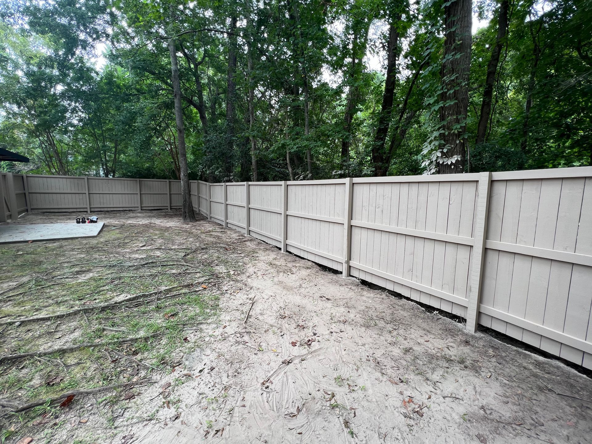 A white fence surrounds a dirt yard with trees in the background.