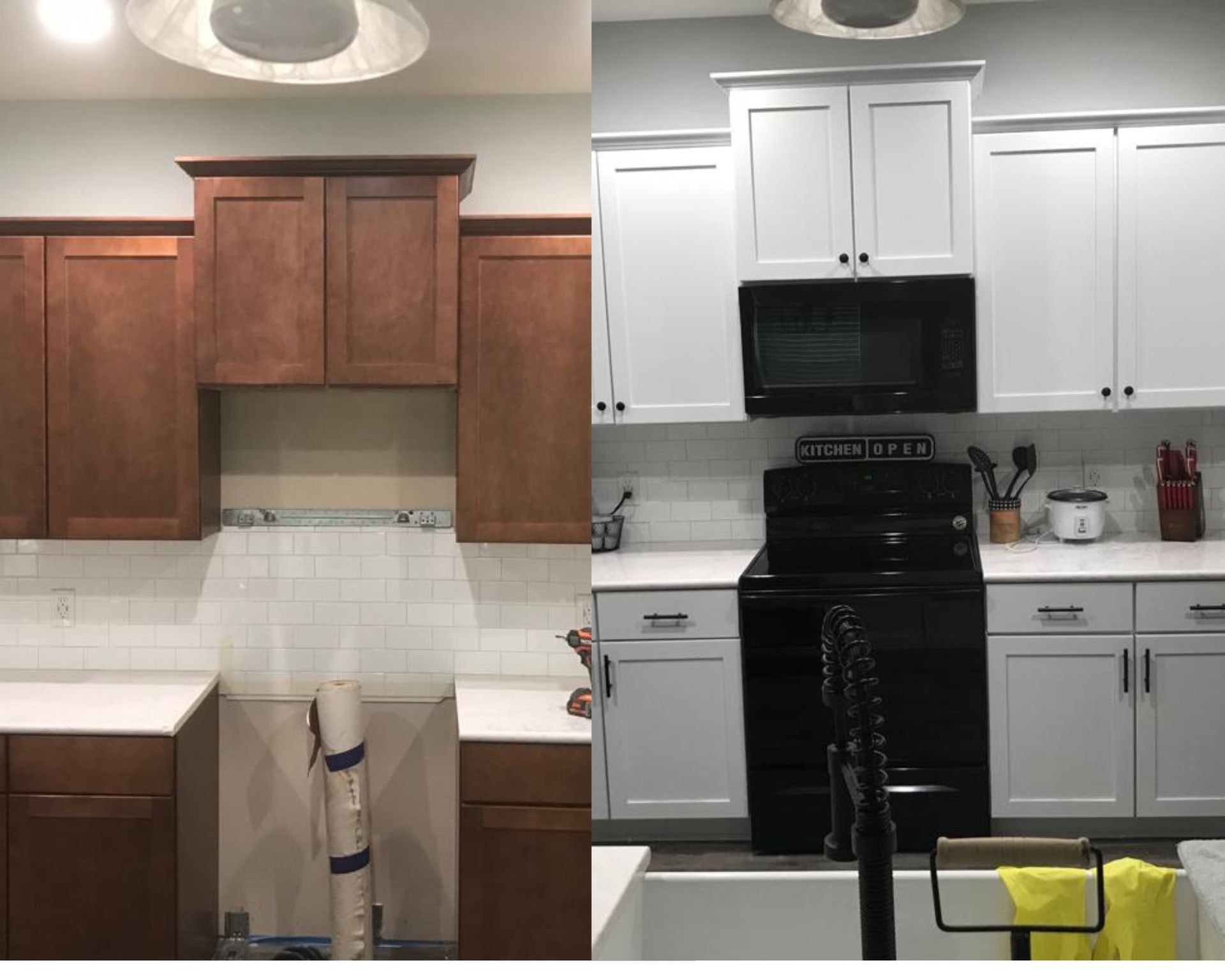 A before and after photo of a kitchen with wooden cabinets and white cabinets.