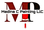 A red and black logo for medina c painting llc