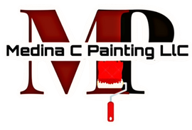 A red and black logo for medina c painting llc