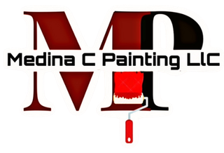 A red and black logo for medina c painting llc