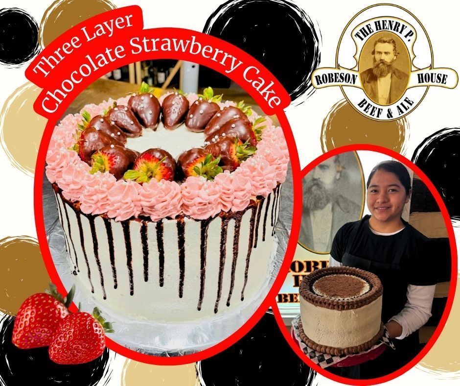 A three layer chocolate strawberry cake with strawberries on top