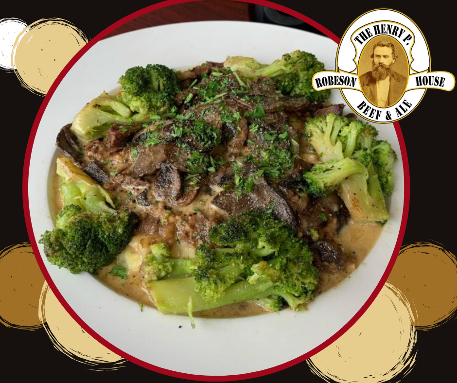 A close up of a plate of food with broccoli and mushrooms