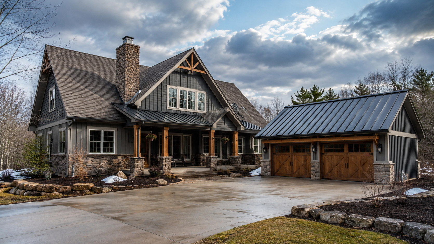 Wisconsin home with asphalt shingle roof and detached garage with black metal roofing under a cloudy