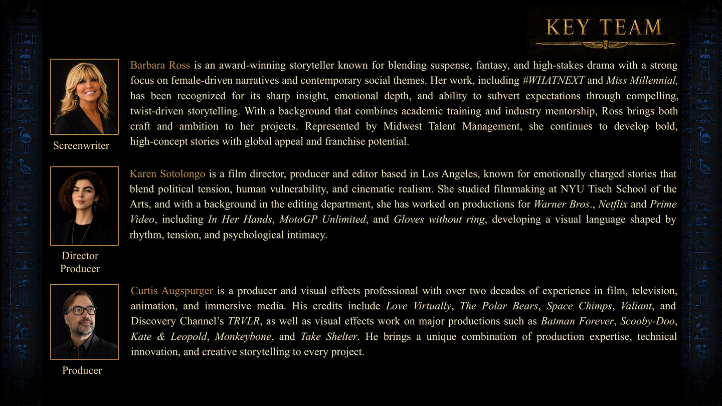 Key Team — Barbara Ross, Screenwriter; Karen Sotolongo, Director/Producer; Carlos Augspurger, Producer — The Cleopatra Project