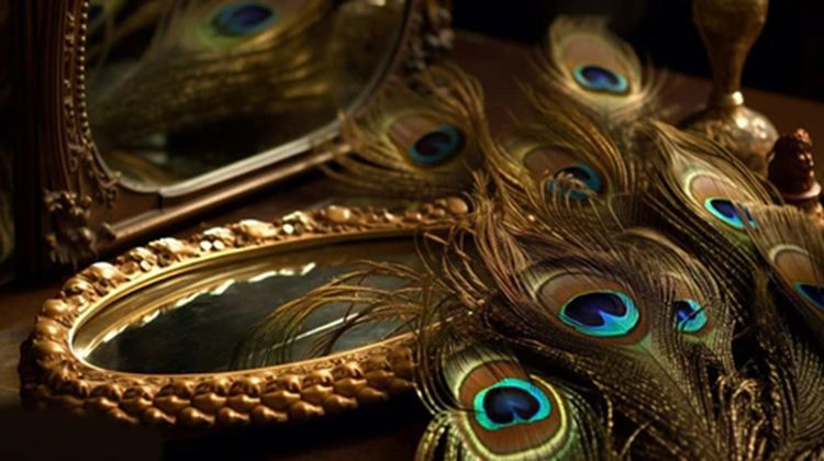 Gold-framed mirrors with peacock feathers.