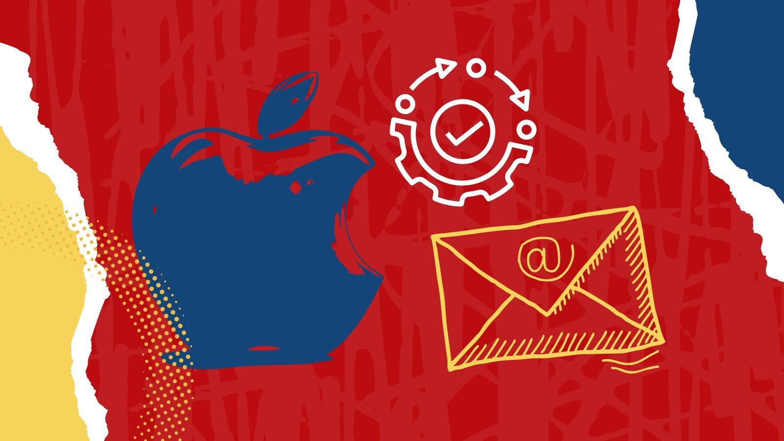 A red background with a drawing of an apple, an envelope, and a gear.