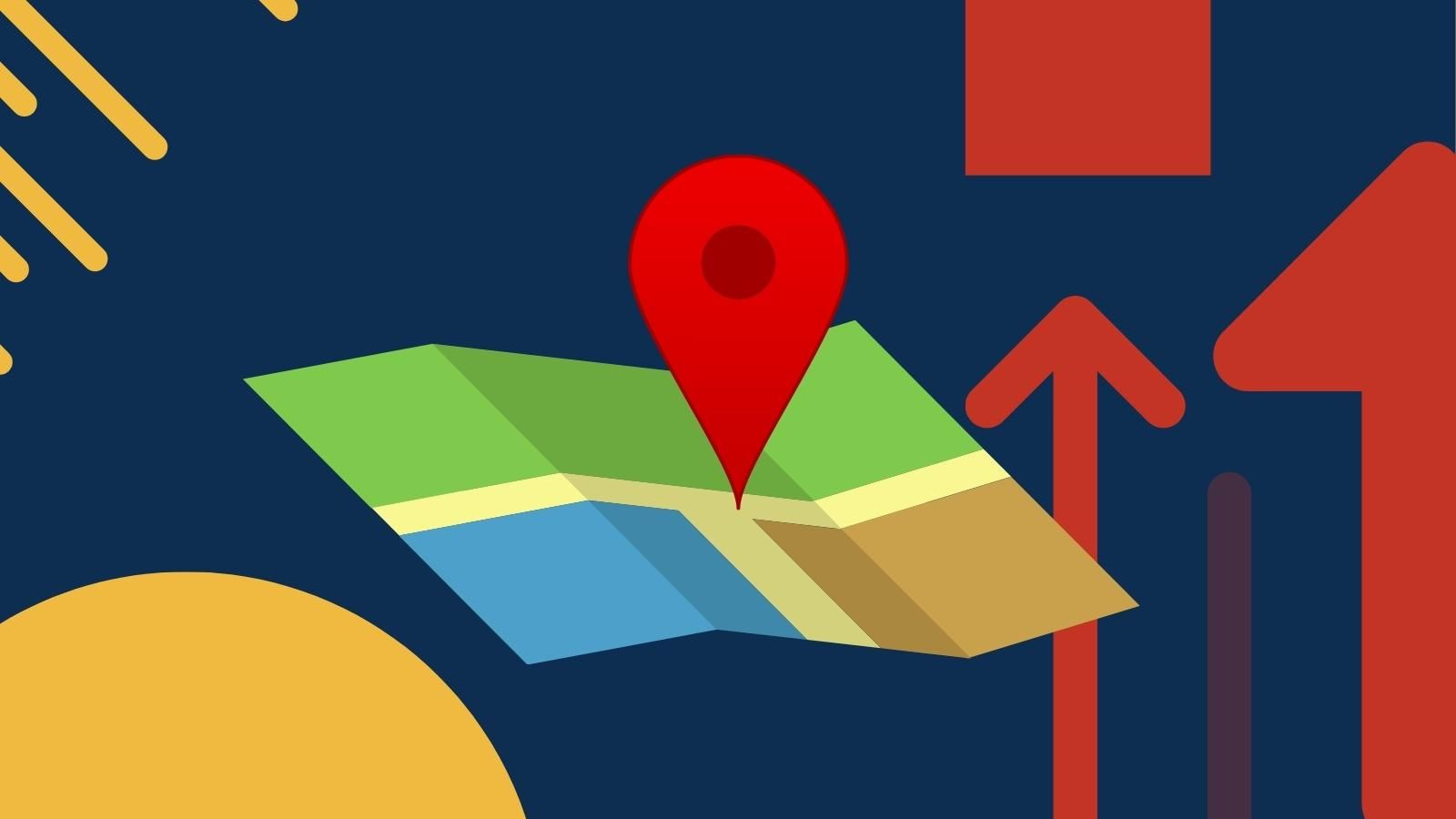 A map with a red pin on it and arrows pointing up.