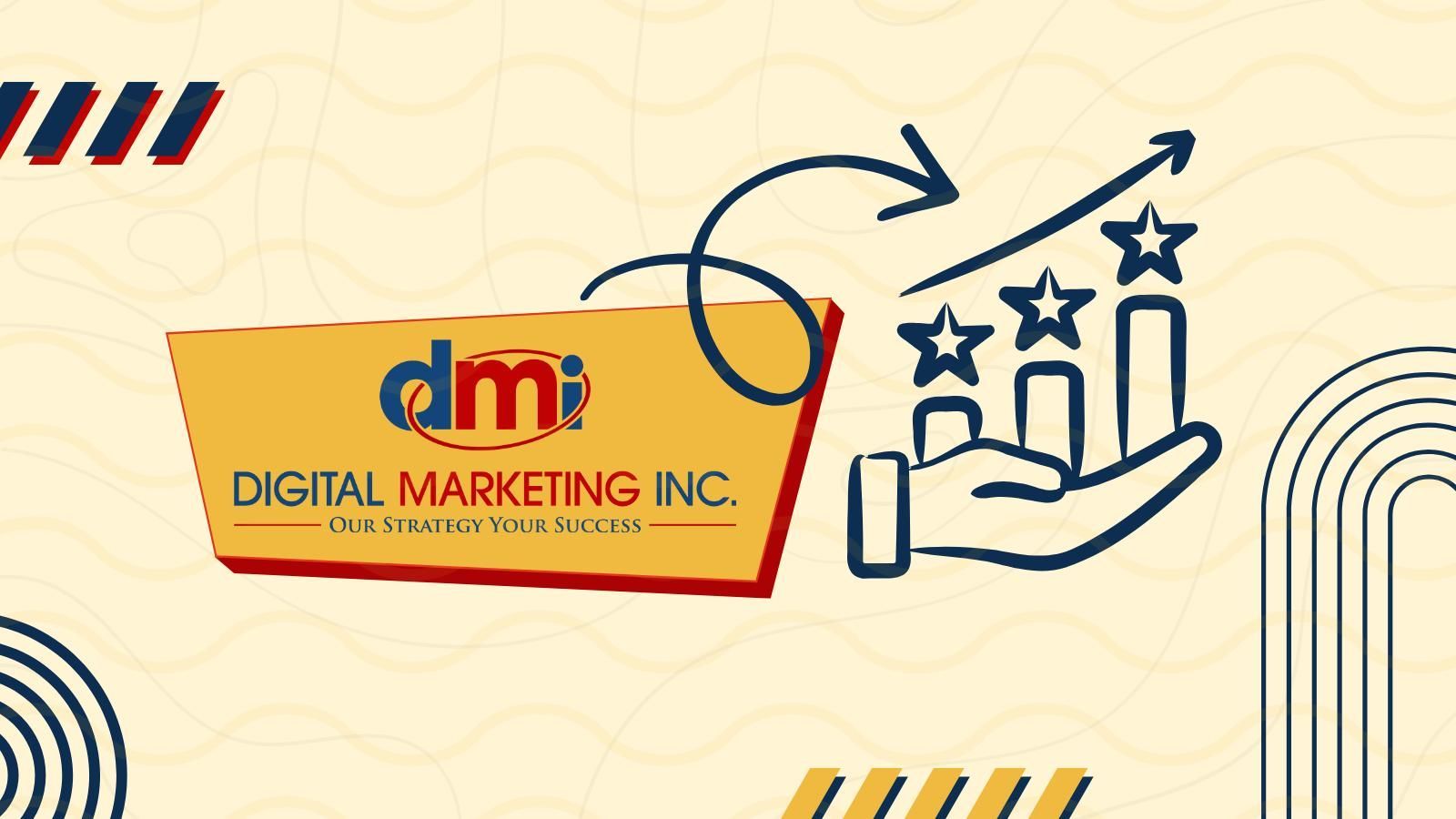 A logo for a DMI next to a hand with a 5 star rating above it.