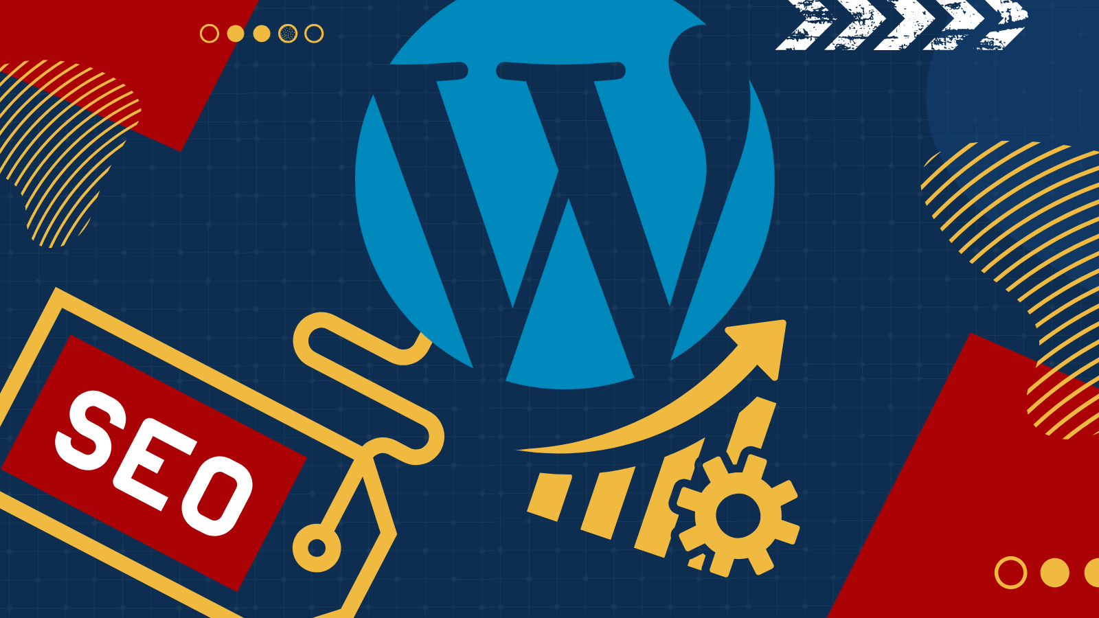 A blue background with a logo for WordPress and a tag that says seo
