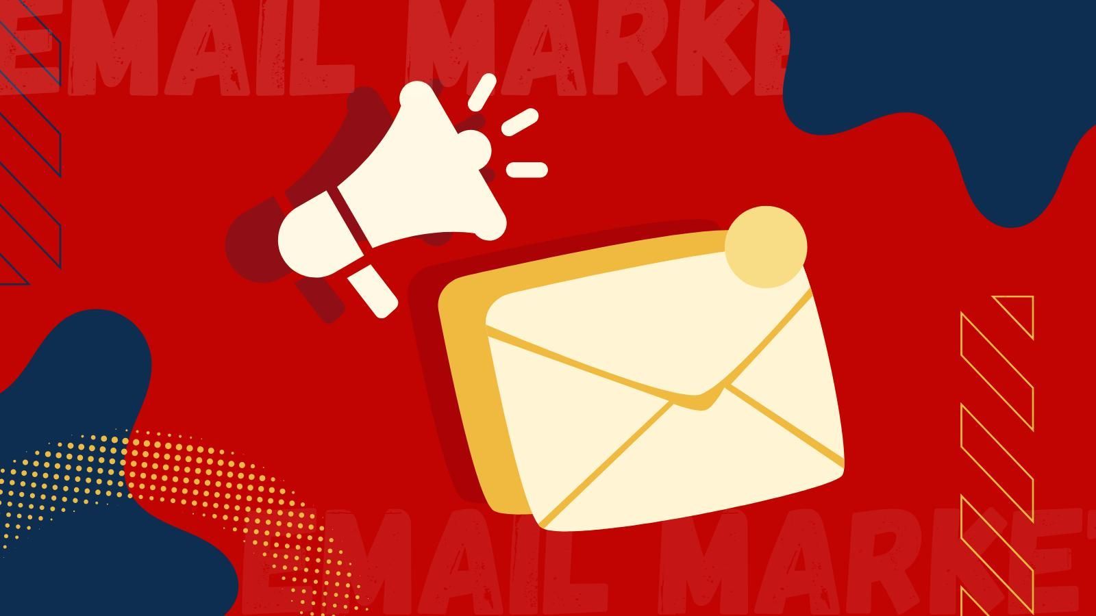 An envelope and a megaphone are on a red background.