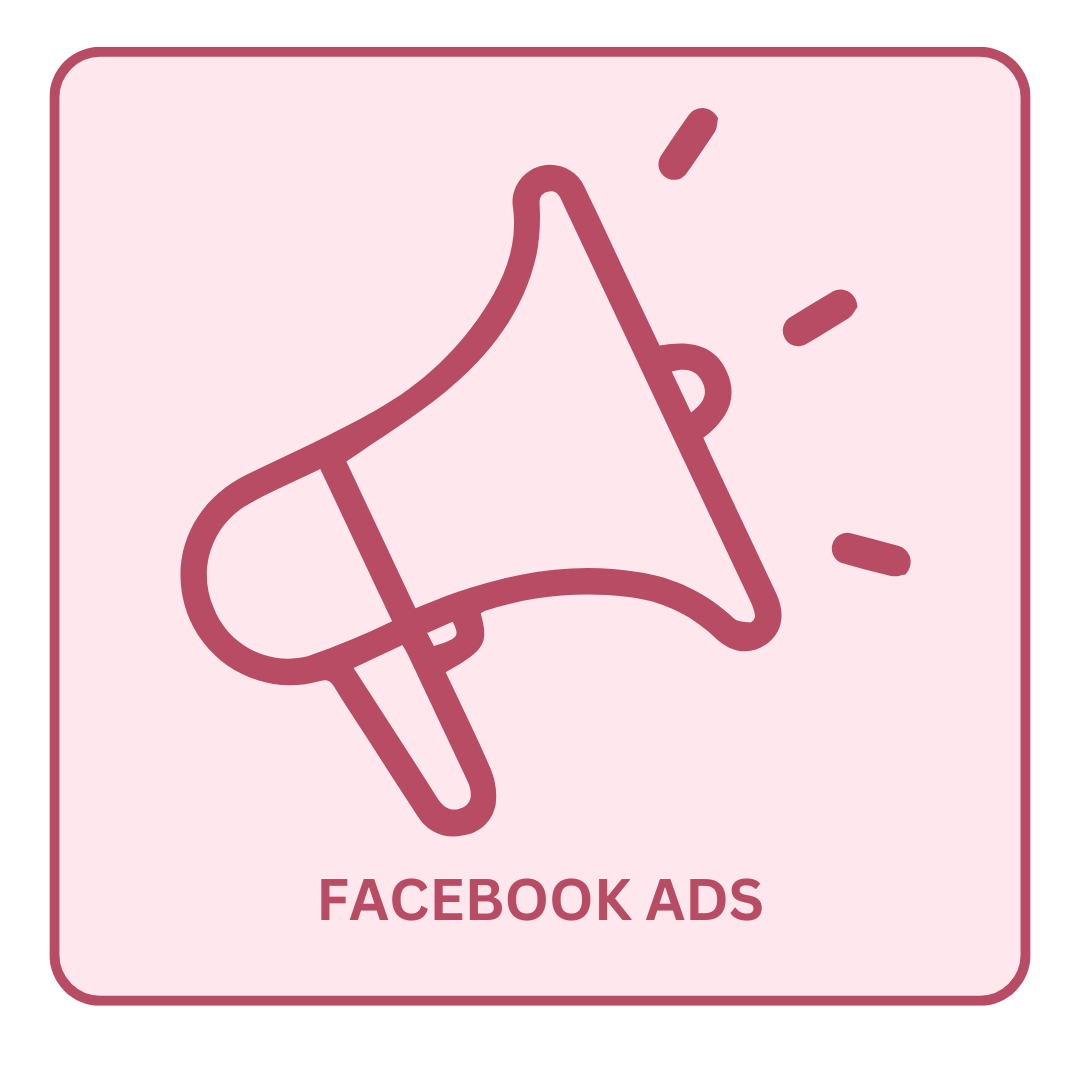 A pink icon of a megaphone with the words facebook ads below it.