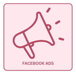 A pink icon of a megaphone with the words facebook ads below it.