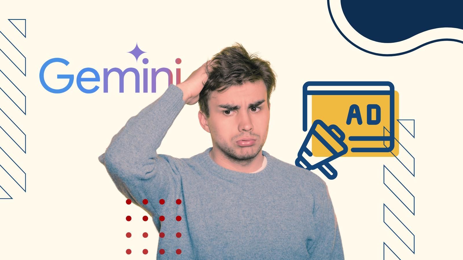 A man is scratching his head in front of a sign that says gemini and Ad.