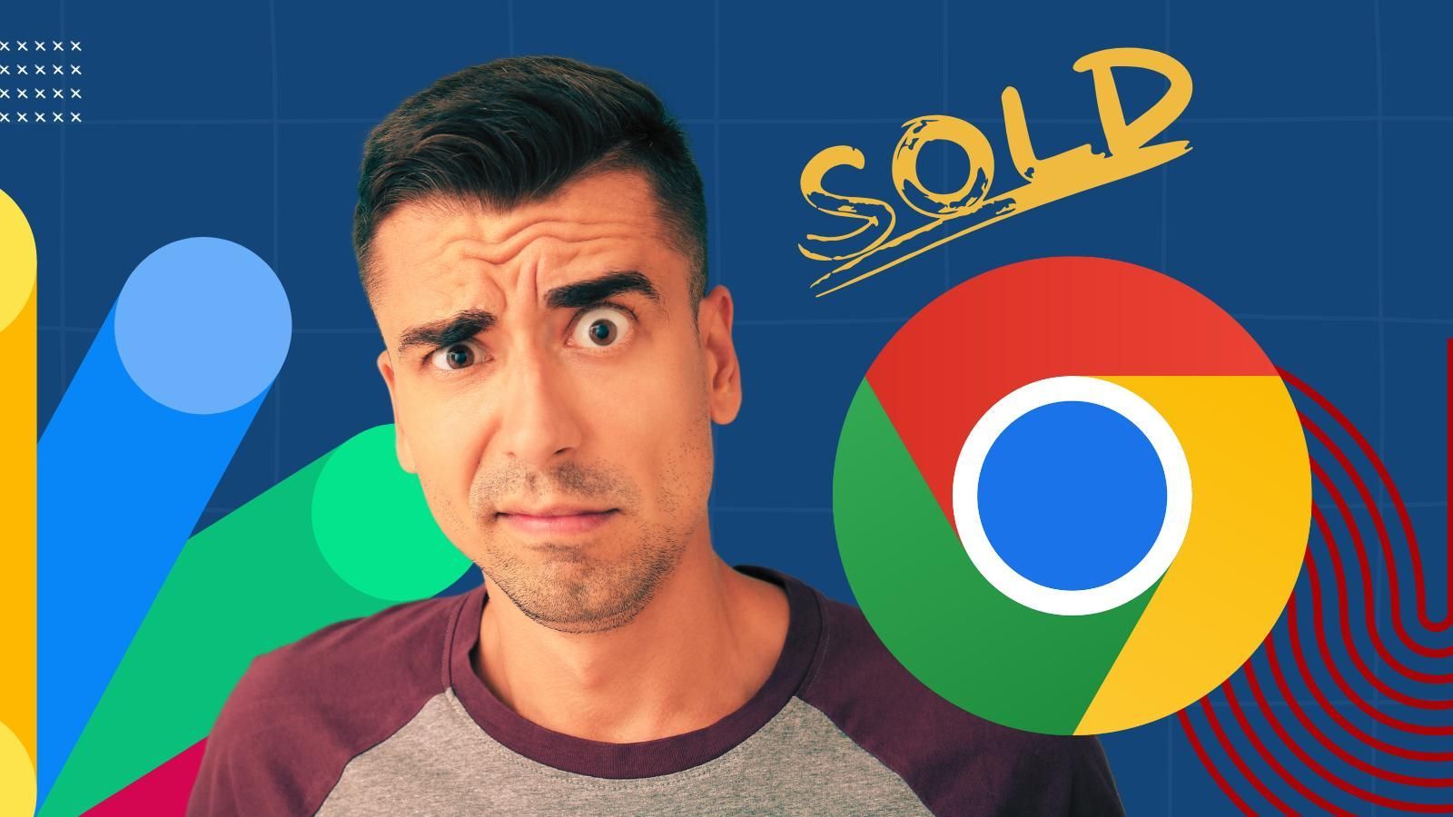 A man is making a funny face in front of a google chrome logo.