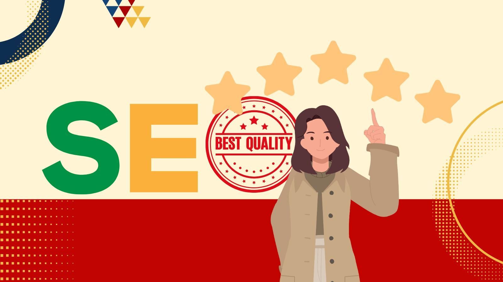 A woman is standing in front of a sign that says ``SEO best quality ''.