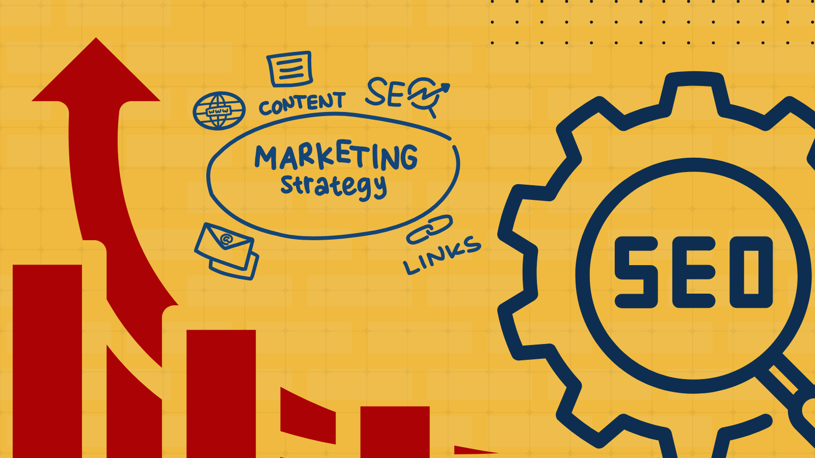 A diagram of a marketing strategy with an arrow going up and a gear.