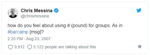 A tweet from chris messina asking how do you feel about using pound for groups.