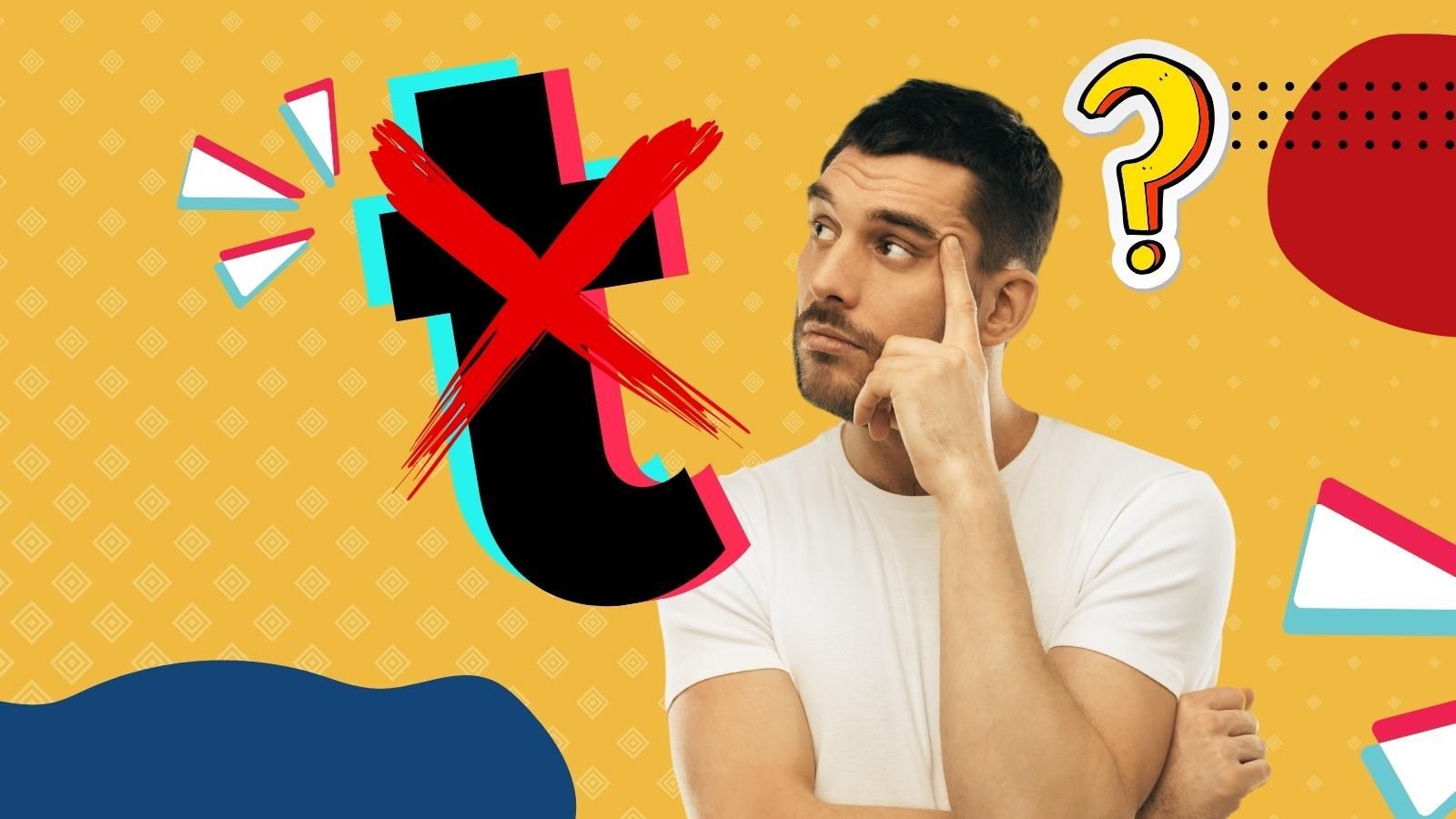 A man in a white shirt is thinking with a question mark in the background and a tiktok logo.