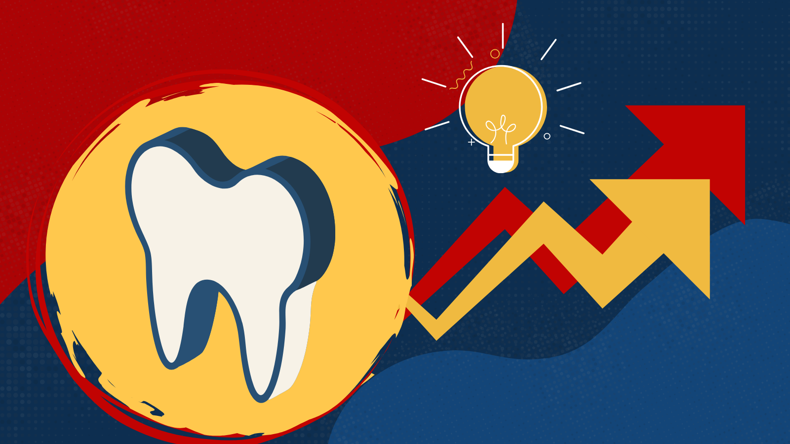 Tooth in yellow circle with upward trend, lightbulb, and red/blue background.