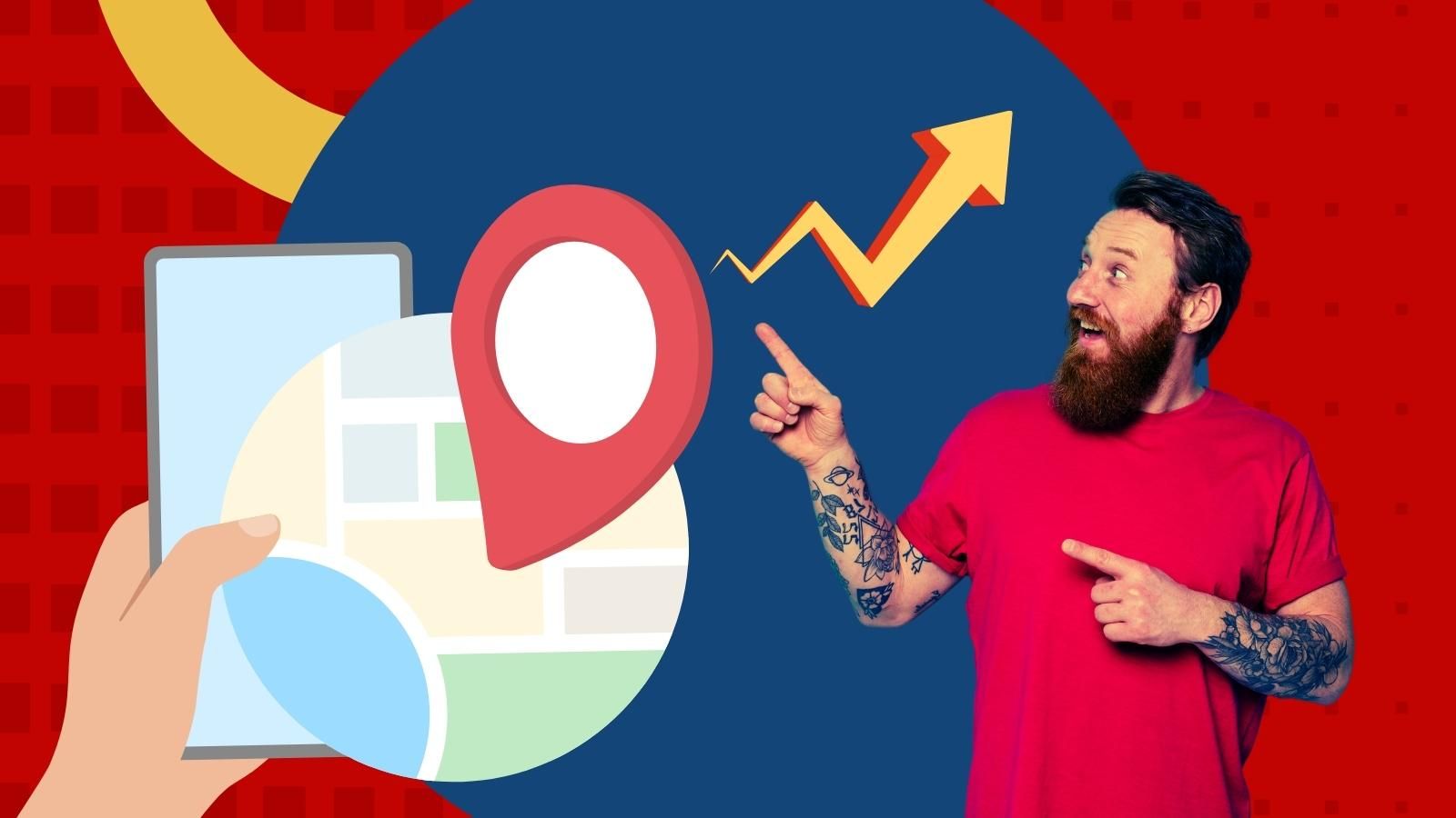 A man with a beard is pointing at a map on a cell phone.