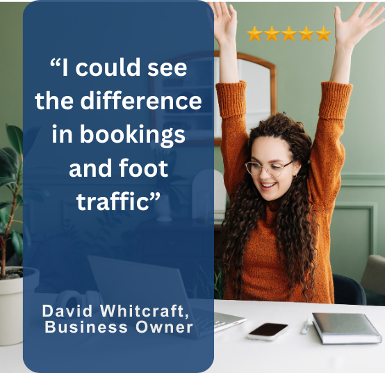 A woman is sitting at a desk with her arms in the air and a quote from david whitcraft business owner.