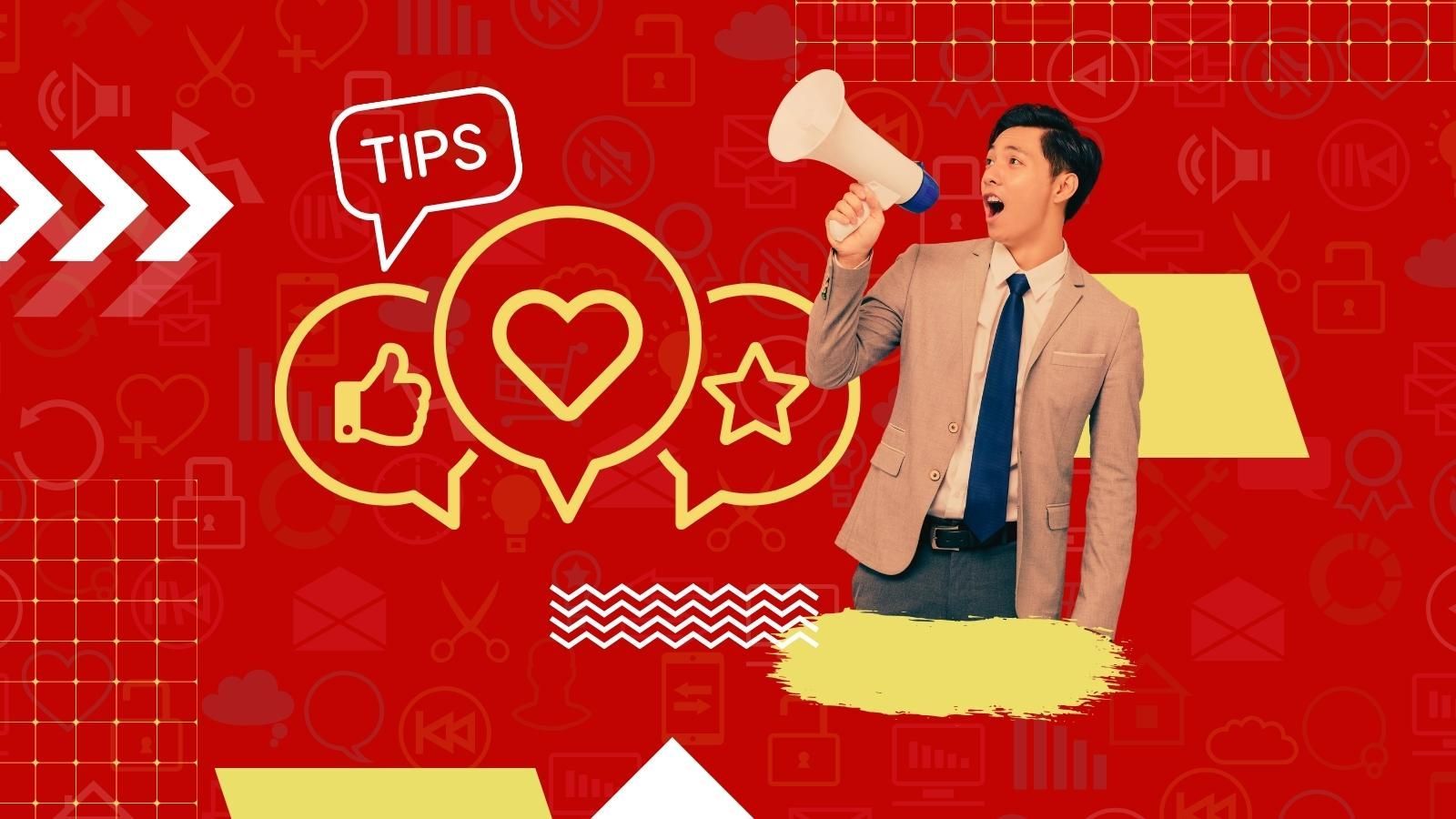 A man in a suit and tie is holding a megaphone. Graphics of social icons in the back.