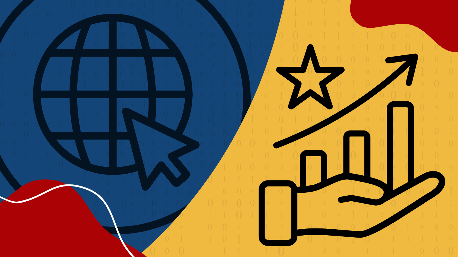 A hand holding a graph with an arrow pointing up and an internet icon with an arrow clicking on it.