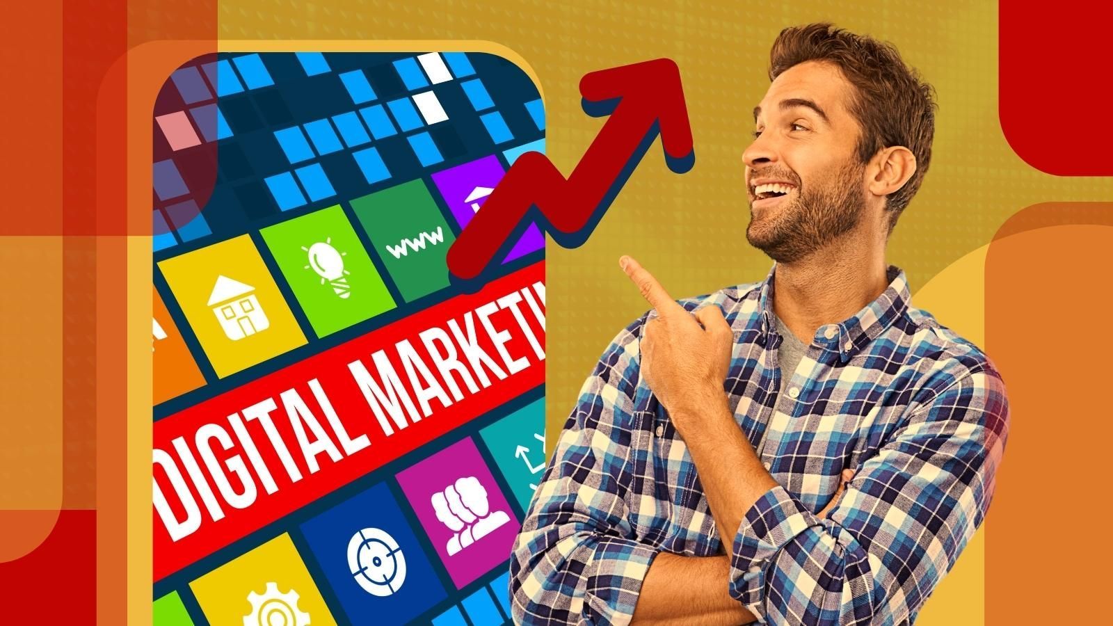 A man in a plaid shirt is pointing at a digital market on a cell phone.