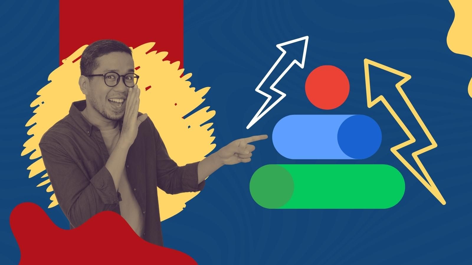 A man wearing glasses is pointing at a drawing of a lightning bolt over a Google Ads icon.