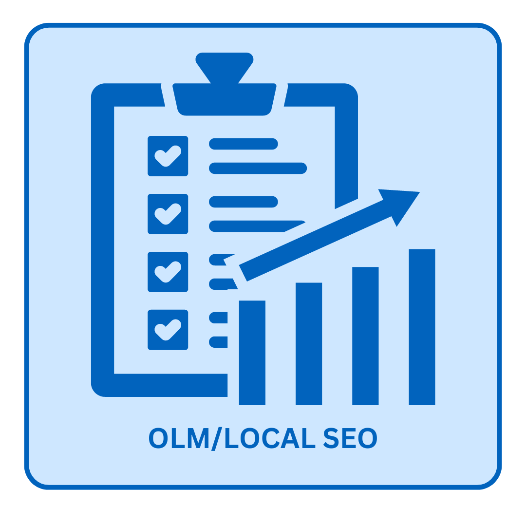 An icon for olm / local seo with a clipboard and a graph