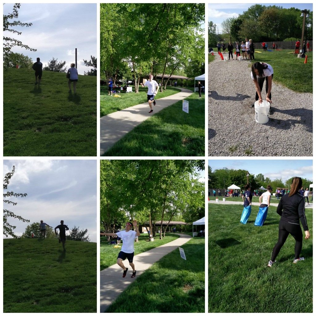 A collage of photos of people playing in a park