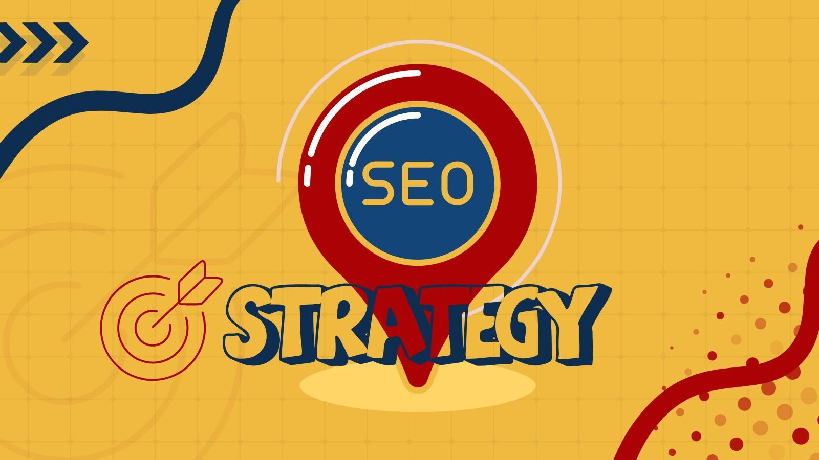 A logo for seo strategy with a red pin on a yellow background.