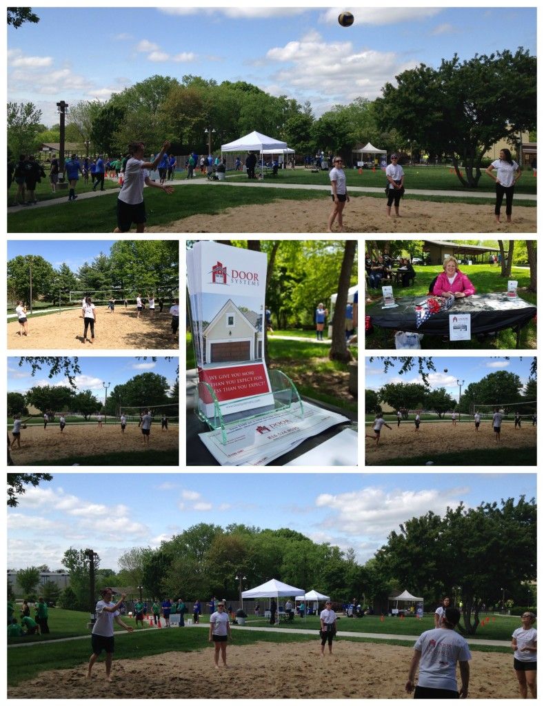 A collage of photos of people playing volleyball in a park