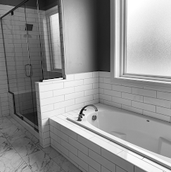 Bathroom with a white bathtub, tiled walls, a glass shower, and frosted window.
