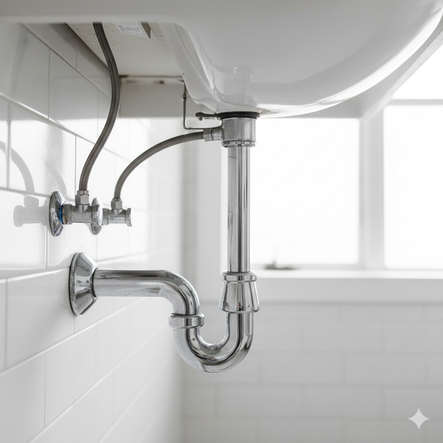 Underside of a white sink with chrome plumbing, water pipes, and a curved drainpipe, against white tiled wall.