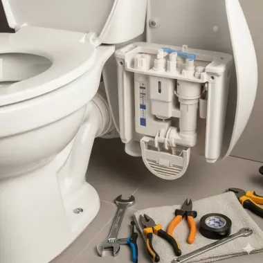 Toilet with exposed inner workings; tools laid out, suggesting repair.
