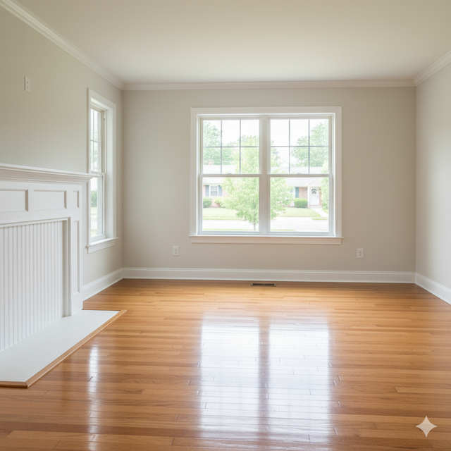 Empty room with hardwood floors, a fireplace, and windows. Walls are light-colored.
