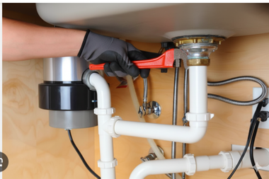 Person using a wrench to work on plumbing under a kitchen sink.